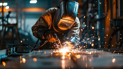 Skilled technician welding with protective mask in manufacturing plant