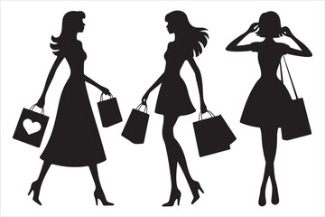 Black Silhouettes of People Shopping with Trolleys and Bags – Vector Art