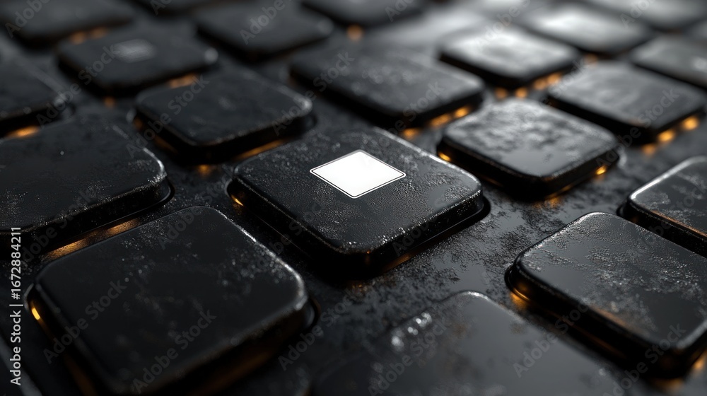 Poster close-up view of dark, square, metallic keys with a highlighted, white square key