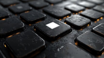 Close-up view of dark, square, metallic keys with a highlighted, white square key