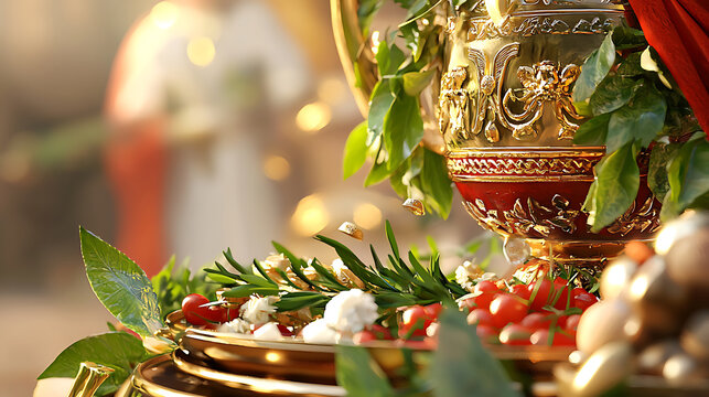 Detailed image of decorative bowl filled with fresh herbs, cherry tomatoes, and olives, surrounded by lush greenery, evokes sense of abundance