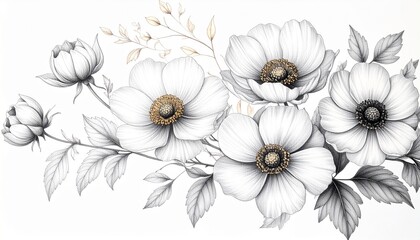 Obraz premium Elegant Black and White Floral Illustration with Delicate Anemone Flowers and Leaves.