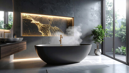 Luxurious modern bathroom with freestanding bathtub and steaming hot water, illuminated marble wall panel, and large window.