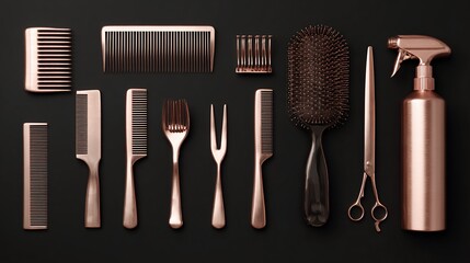 Rose gold hair tools neatly arranged on a dark background, top-down view