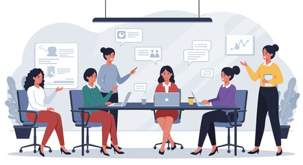 Business meeting with diverse female team collaborating on project in modern office, vector style illustration