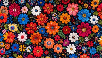 Vibrant Colorful Floral Tapestry with Intricate Embroidered Flowers and Rich Texture.