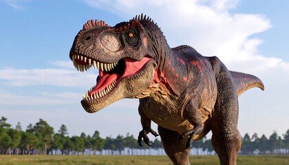 A digitally rendered Tyrannosaurus Rex, mouth agape, stands in a grassy field with a forest in the background under a partly cloudy sky