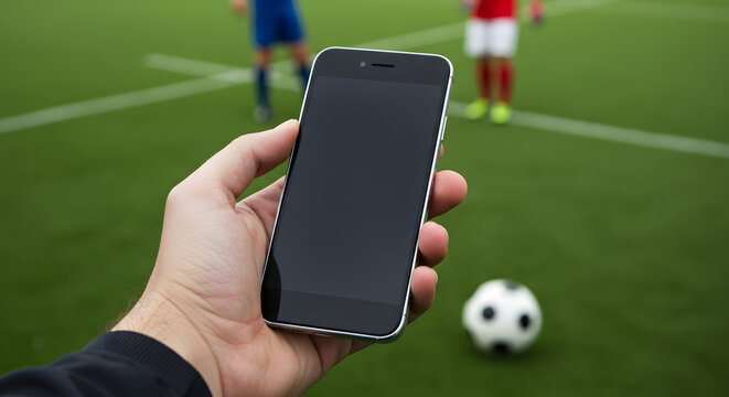 Cell phone with black screen on field, man holding smartphone with football field in background