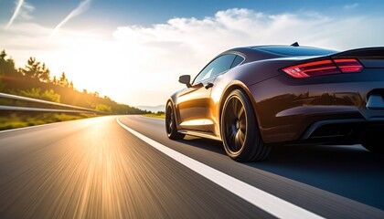 Fast Car on Highway Under Sunny Sky.