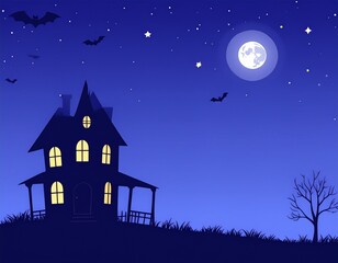 Naklejka premium A spooky haunted house on a hill under a full moon and starry night sky with flying bats.