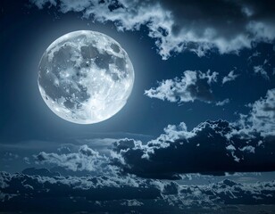 A luminous full moon shines brightly in a dark, cloudy night sky, illuminating the surrounding clouds.
