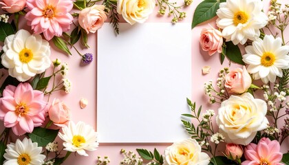 Blank Paper Framed by Delicate Flowers and Plants.