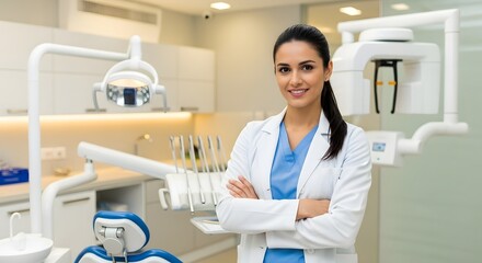 A dentist smiling in her office with equipment and tools in the background with her arms crossed