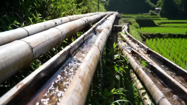Water flowing through bamboo irrigation channels