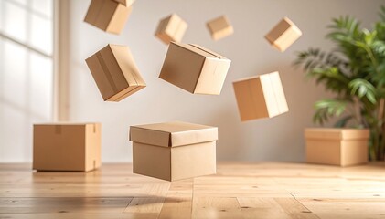 A colorful assortment of cardboard boxes stacked haphazardly, some open and revealing their contents, set against a bright, well-lit background.