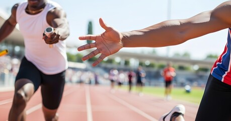 A runner passes the baton to a teammate during a relay race on an outdoor track at a stadium