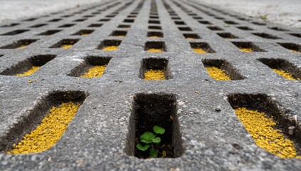 Gridded concrete pathway with yellow debris and plant growth viewed in focus.