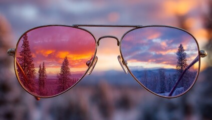 Sunset reflected in aviator sunglasses, showcasing a snowy mountain landscape