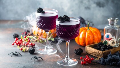 Two spooky purple Halloween cocktails with blackberry garnish and dry ice smoke on a festive, decorated table.