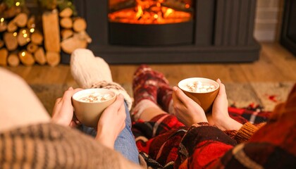 A couple in cozy socks enjoys hot chocolate with marshmallows while relaxing by a warm fireplace.