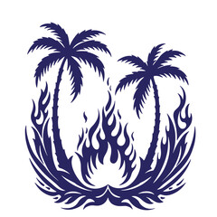 Two palm trees surrounded by decorative flames in a simple navy blue vector illustration