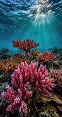 Naklejka premium Vibrant coral formations, illuminated by sunlight, showcasing a stunning underwater scene filled with pink and other colorful corals.