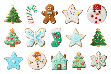 PNG Festive decorated holiday cookies assortment, element set on transparent background