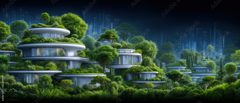 Poster futuristic cityscape with sustainable corporate strategy integrating green architecture and abundant