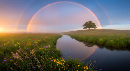 A tranquil landscape featuring a vibrant rainbow arcing over a serene river, lush meadow dotted with wildflowers and a stately tree on a distant hill embodying harmony and natural beauty on a misty