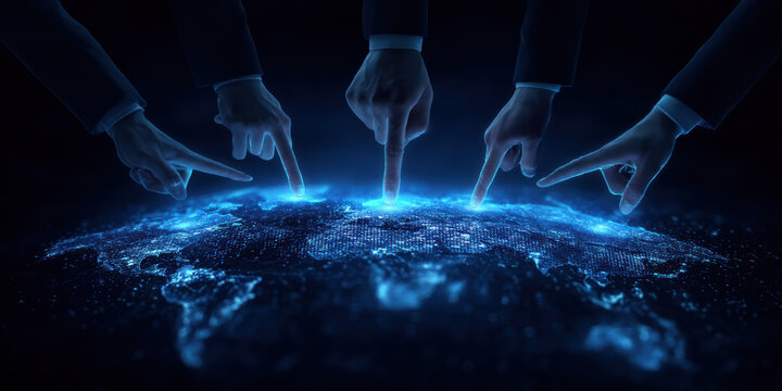 Fingers pointing at glowing digital map symbolize sustainable corporate strategy in global business innovation and technology connection - Powered by Adobe