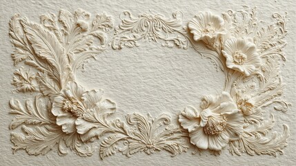 Elegant vertical invitation card on off-white textured paper with embossed floral and botanical motifs framing the center, minimal and luxurious design with soft shadows, romantic and timeless style.