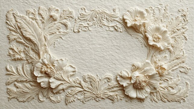 Elegant vertical invitation card on off-white textured paper with embossed floral and botanical motifs framing the center, minimal and luxurious design with soft shadows, romantic and timeless style.