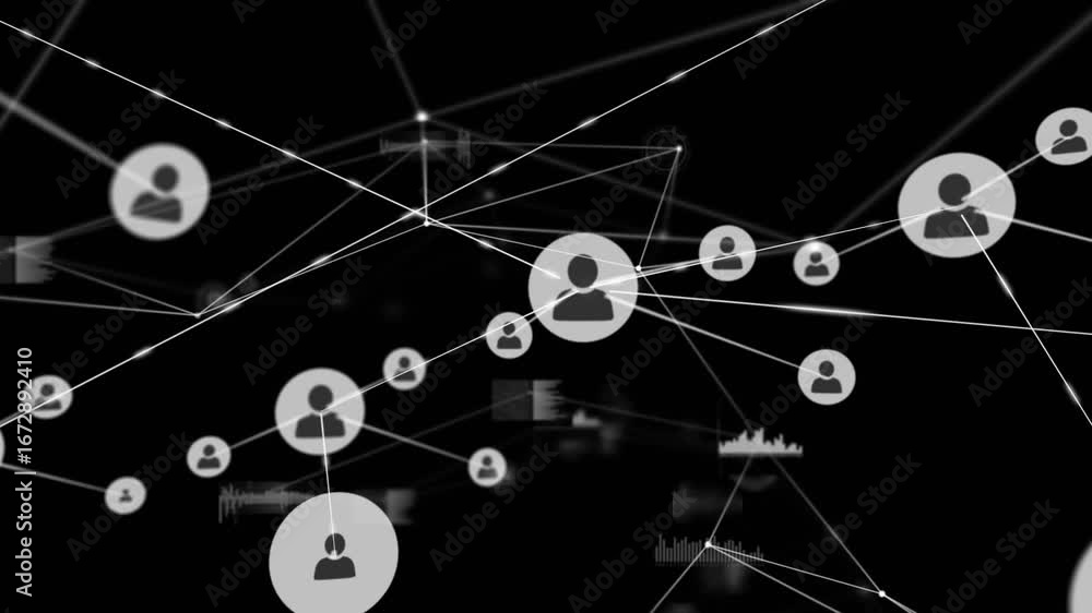 Aufkleber on startup single node spawning connecting new user-icon nodes while panning showing network growth