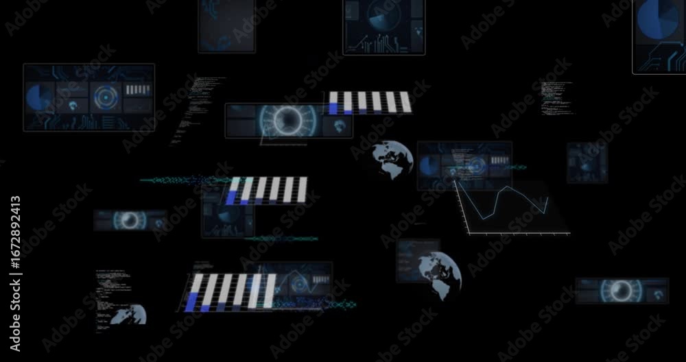 Poster darkness fading, digital panels multiplying, shifting, scrolling code and visualizing layered data