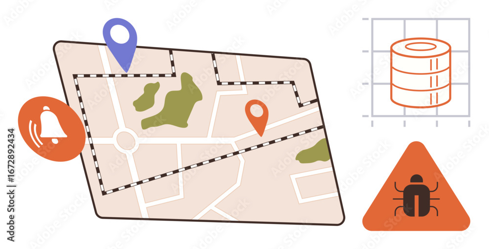 Poster map with location markers, alert icon, data storage graphic, and bug warning triangle. ideal for tec