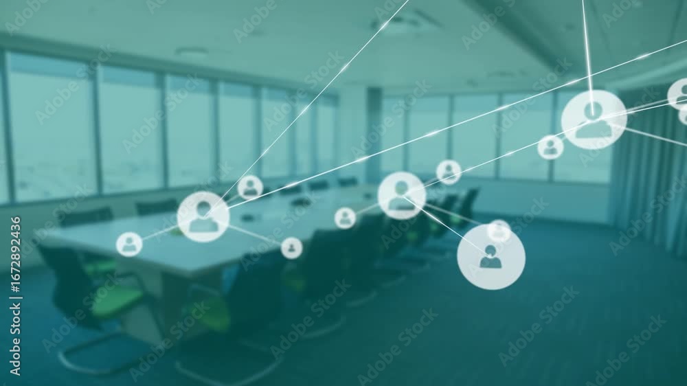 Poster after pause, user icon circles fading in, branching into nodes, visualizing network growth in room