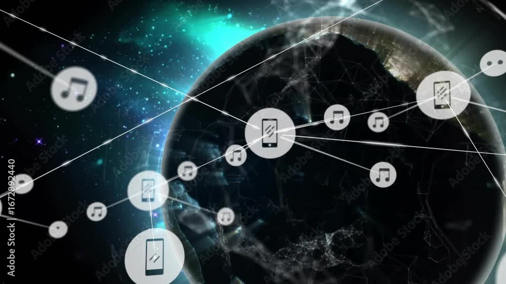 Fototapete on phone icon appearing wireframe earth rotating spawning nodes and lines showing global network
