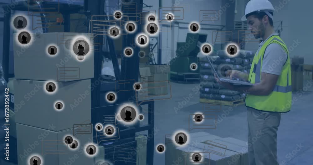 Poster warehouse operator opening laptop using data icons tracking pallet inventory while forklift lifting