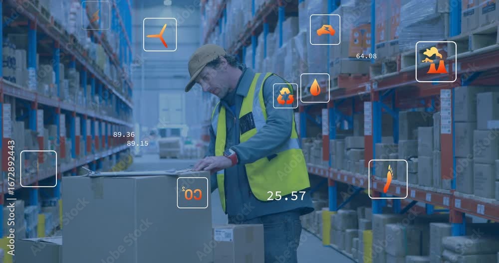 Poster warehouse worker lifting box, reading barcode, updating log with animated icons, efficiency metrics