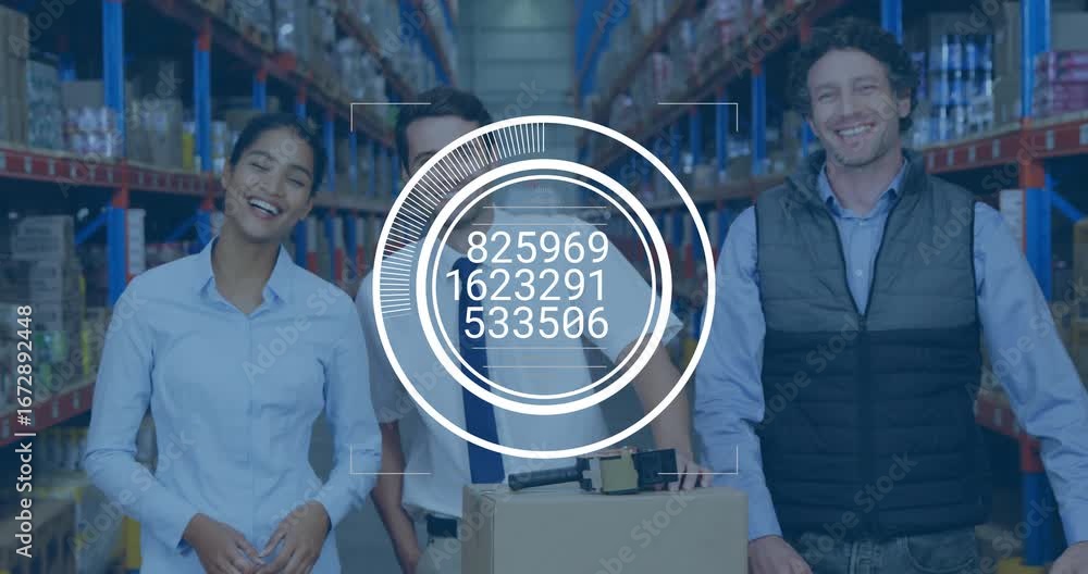 Aufkleber logistics team standing in aisle while overlay appearing and updating metrics for monitoring stock