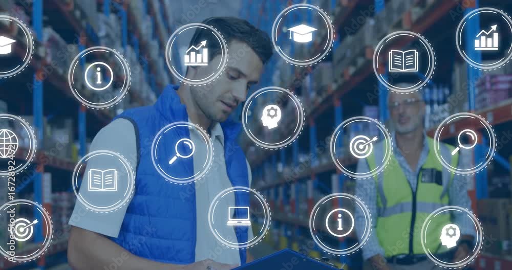Poster warehouse worker scanning aisle with clipboard pen activating data icons while supervisor joining