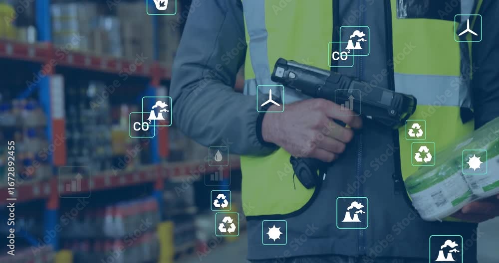 Aufkleber warehouse worker aligning scanner with package label generating floating live data icons