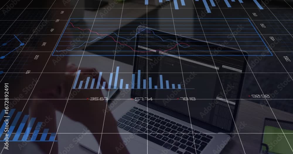 Poster female analyst gauging business data as bar graph appearing, line chart updating overlaying desk