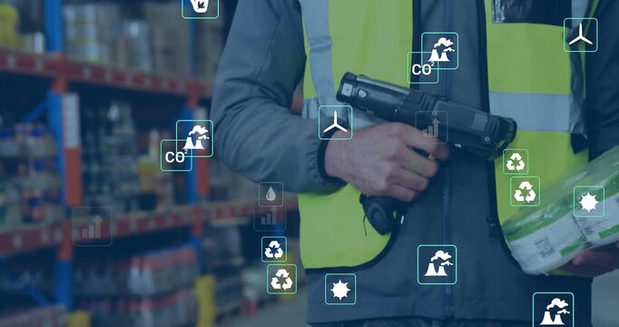 Warehouse worker aligning scanner with package label generating floating live data icons