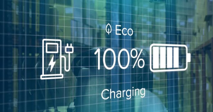 Grid overlay appearing causing EV charging updating levels rising falling for forklift monitoring
