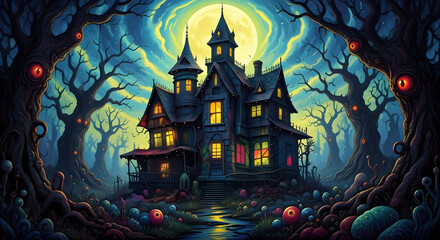 Spooky haunted house in a dark forest at night with full moon