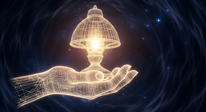 Conceptual luminous grid hand gently cradling a vintage lamp, symbolizing guidance, insight, and illuminated direction within the vast expanse of cosmic wonder and dreamlike exploration