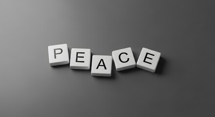 Obraz premium Image of the word PEACE spelled out in white tiles on a gray surface.