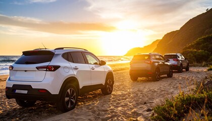 Cars on a Beach at Sunset: Coastal Road Trip Adventure.