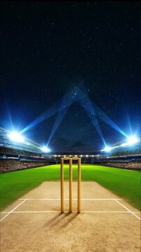 Cricket Arena at Night with stump on the green grass field and Prepped for Game - 4K Vertical Video Animation
